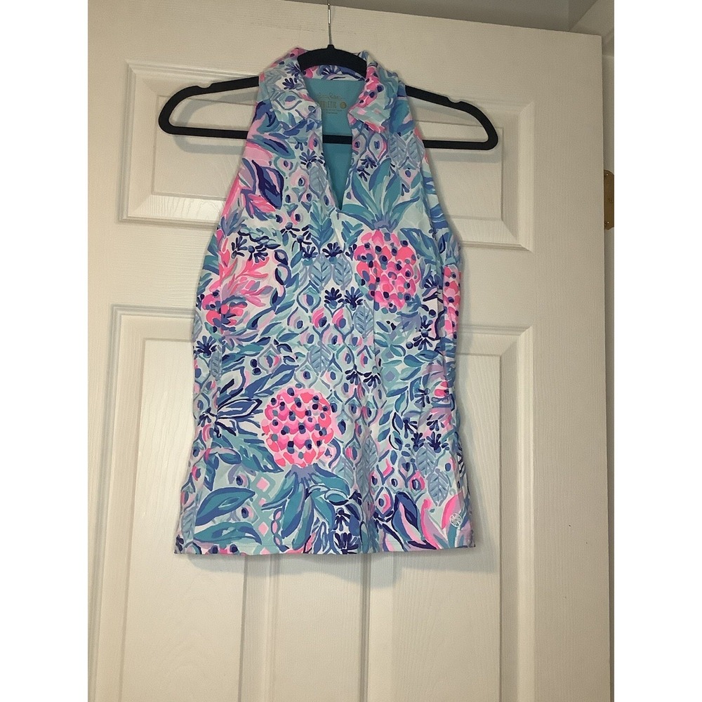 LILLY PULITZER Luxletic Lakelyn Bra Polo Top Zanzibar Blue Party Princess Small